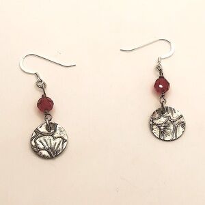 Sterling & 999 Flower Petal Coin Silver Red Crystal Dangle Hook Earrings 1.6”